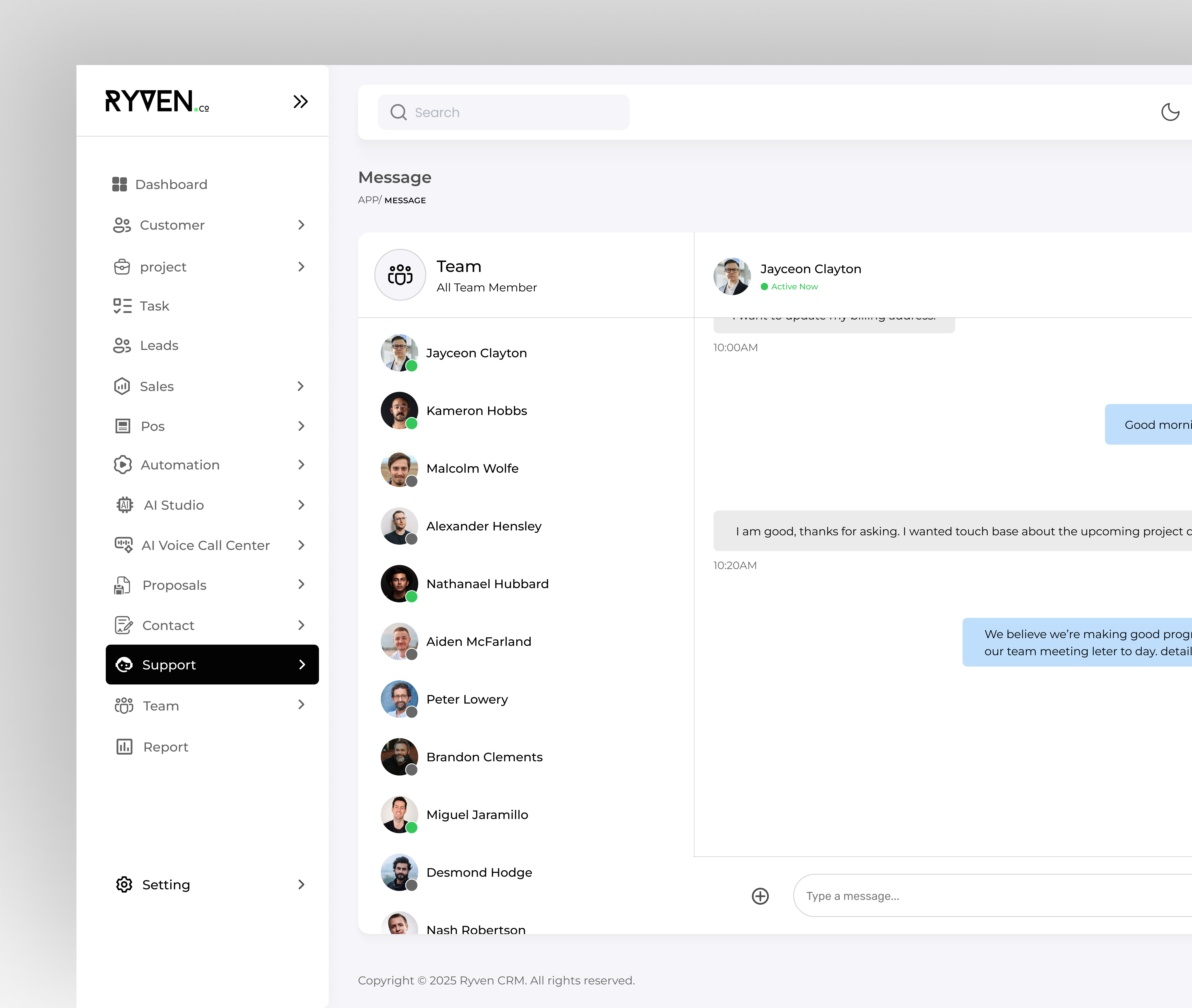 Ryven CRM — Support & Team Messaging Dashboard UI chatui cleanui collaborationtools crm customersupport designsystem enterpriseux messagingdashboard minimaldashboard productdesign saasdesign supportcenter teamcommunication uidesign userexperience uxdesign webappdesign