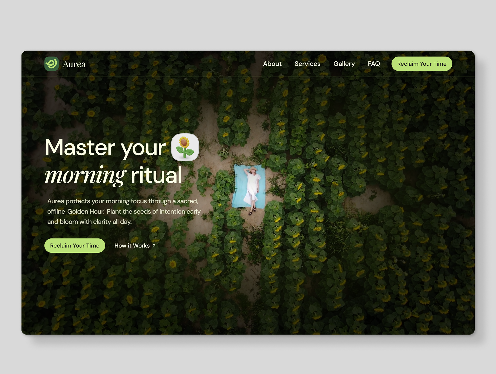 Aurea - Hero section Design brand identity calm ui focus app framer habit building hero section landing page microinteractions minimal design morning routine motion design nature inspired product landing productivity design typography ui design ux design video ui web design wellness app