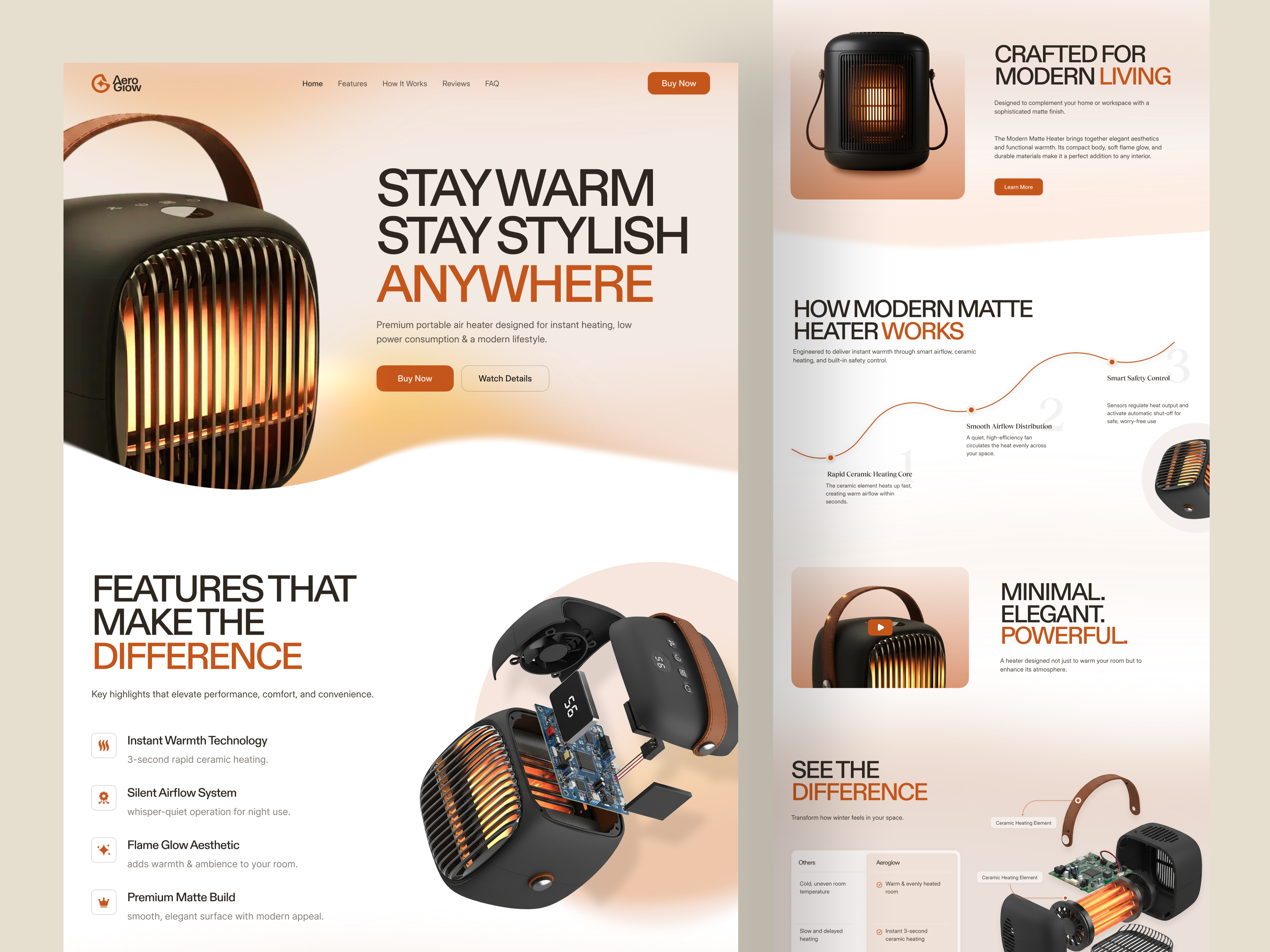 AeroGlow - Product Website Design air heater consumer design ecommerce electronics framer heater website industrial landing page mobile first product website startup ui web design webflow website design wingly