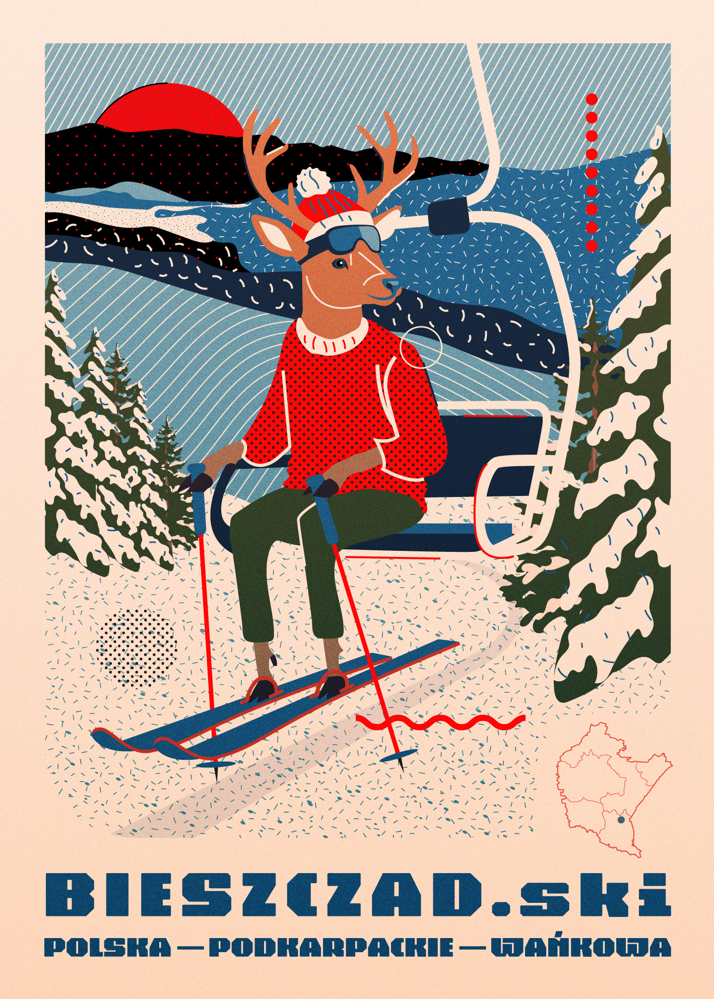 Bieszczad.ski bieszczady galeriaugąski illustration ilustracja jeleń narty ski stok narciarski vintage zima