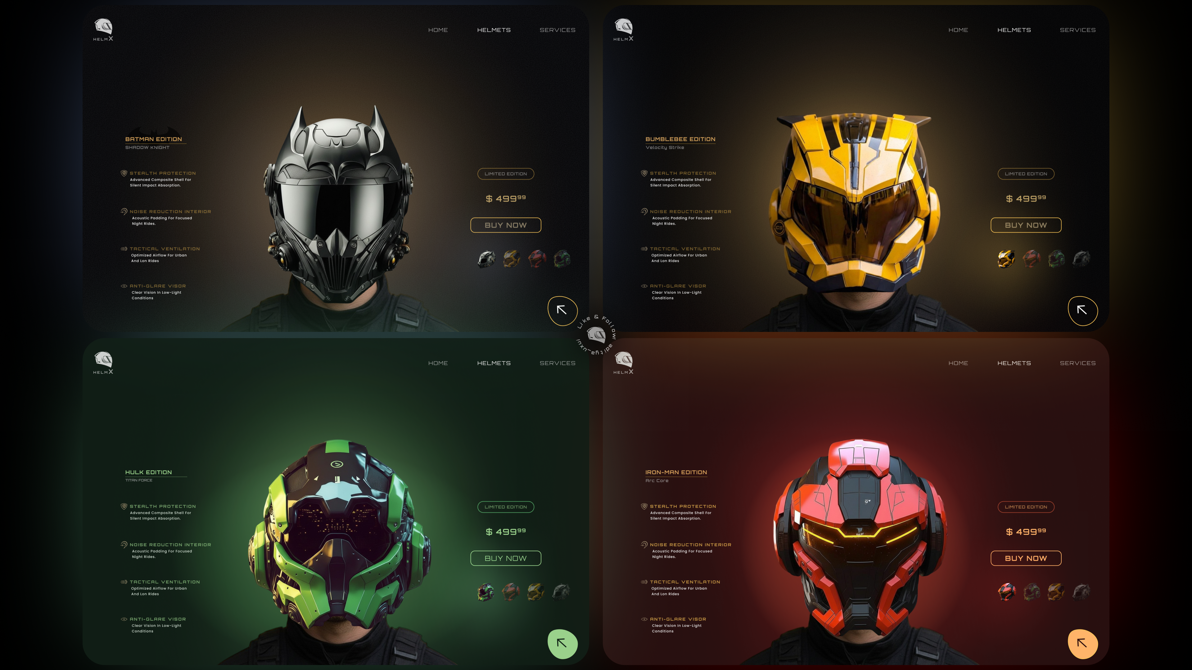 HelmX — Superhero-Inspired Helmet UI/UX Concept animation concept design dark theme dark ui figma futuristic ui interaction design landing page portfolio ui design ux design