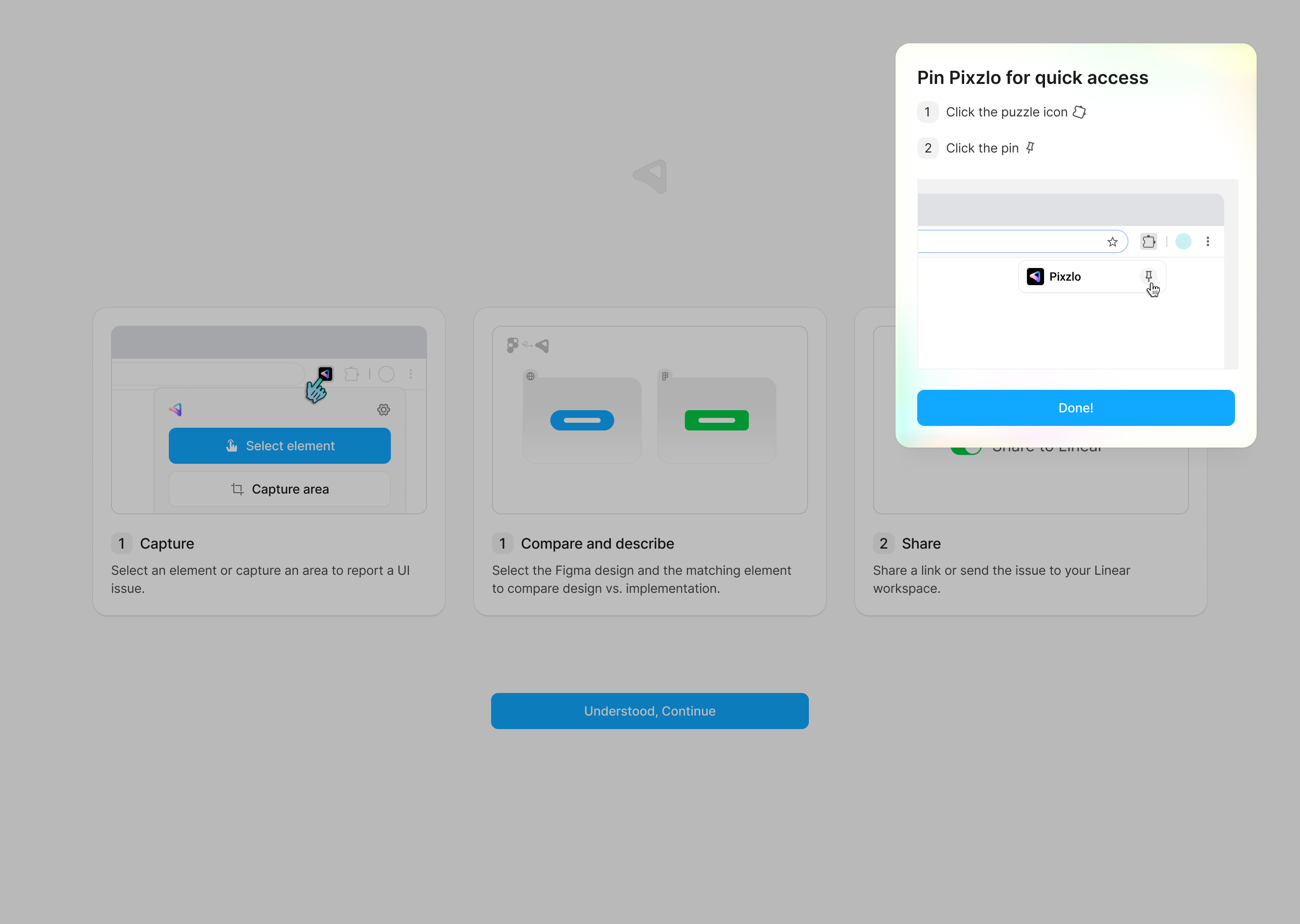 Welcome to Pixzlo — Pin the Extension for Quick Access bug tracking chrome extension figma linear onboarding product design qa saas ui ui design ux