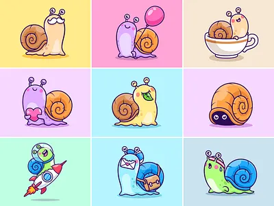 Snail🐌 animal astronaut balloon branding character coffee cute doodle flat grandfather gym icon illustration logo love rocket slimy snail working