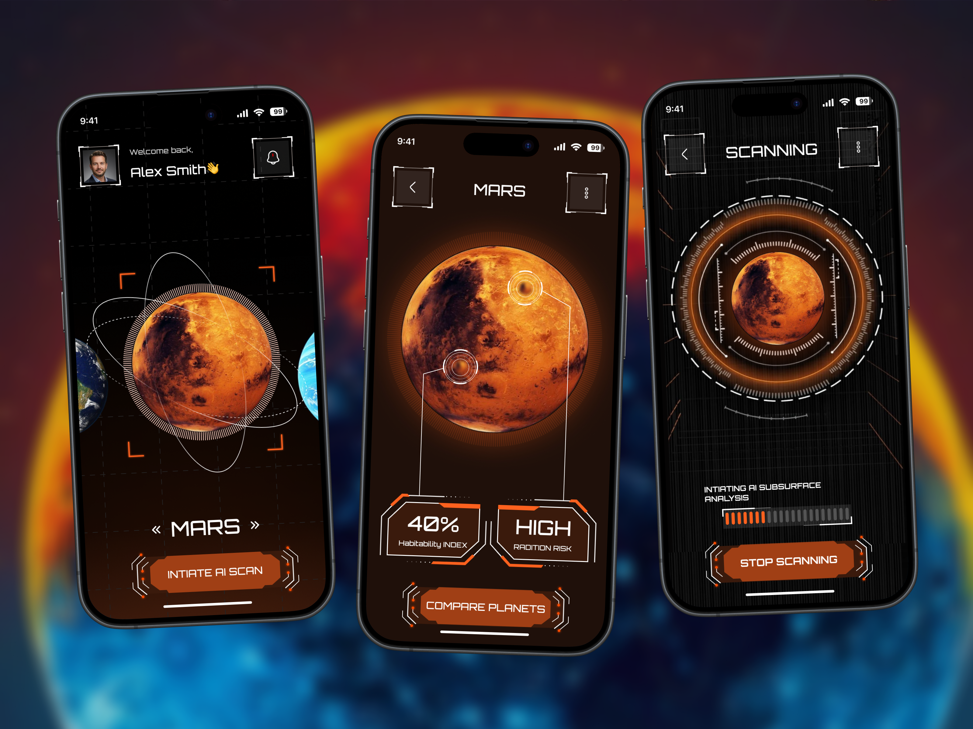 Space Exploration App – Planet Analysis UI 3d ai ai planet scanner mobile app ai space research discover explore figma graphic design interface mars mobile mobile app motion design planet planet analysis ui space exploration space exploration app universe