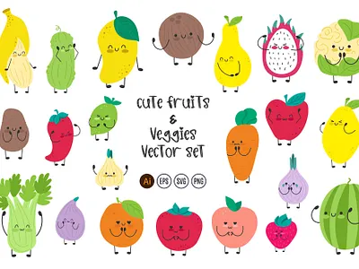 Cute fruits & veggies vector collection adobe illustrator cartoon style cute illustration elements design flat style food illustration illustration kawaii illustrations kids illustrations png svg vector