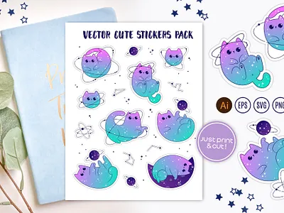 Vector Stickers Pack | Cute Space Cats adobe illustrator cartoon style cute stickers png stickers svg vector vector stickers