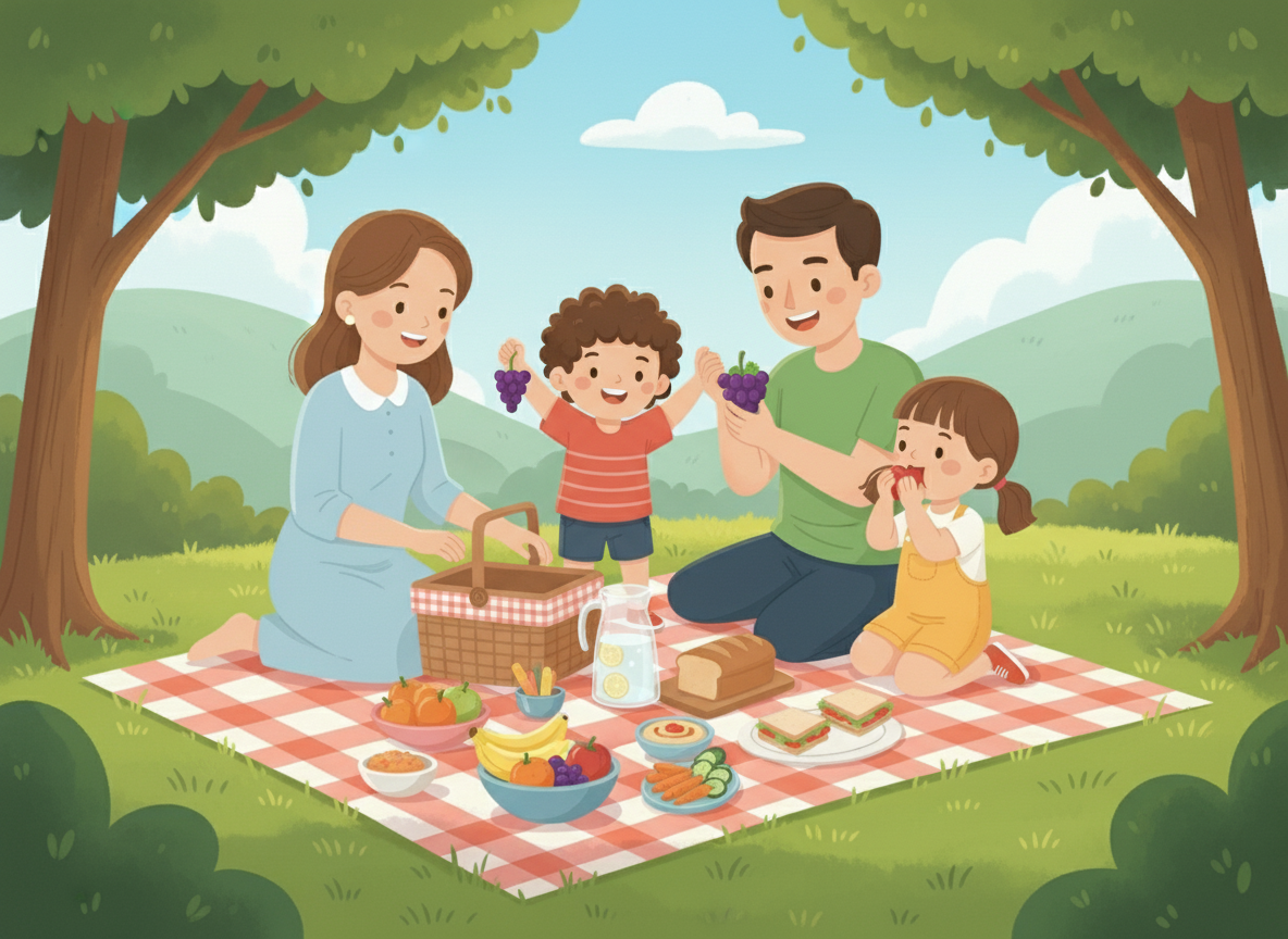 Wholesome Family Life & Healthy Eating Illustrations cartoon children family food garden healthy illustration kids lifestyle outdoor picnic travel vector wellness wholesome
