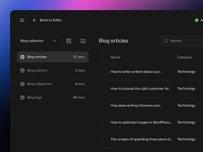 Versoly Dashboard Redesign Concept article blog build builder cms dark dashboard gradient list navigation no code panel redesign sidebar table versoly