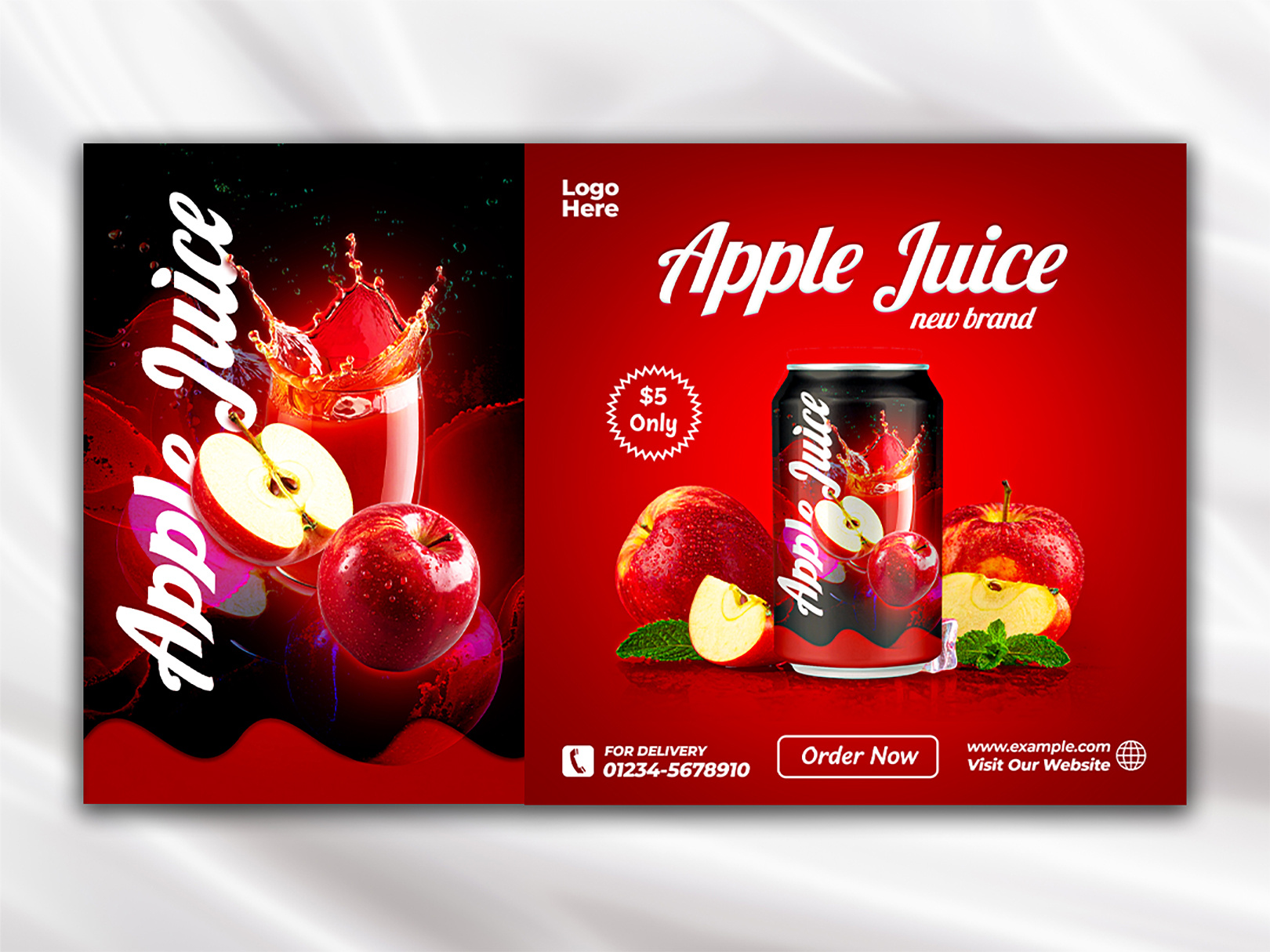 High-Impact Apple Can Poster | Photoshop advertising poster layout apple branding beverage poster can ad clean design color contrast delivery info food promo graphic ad juice poster order button photoshop art portfolio piece price tag product visual raster design red theme social media splash design visual ad