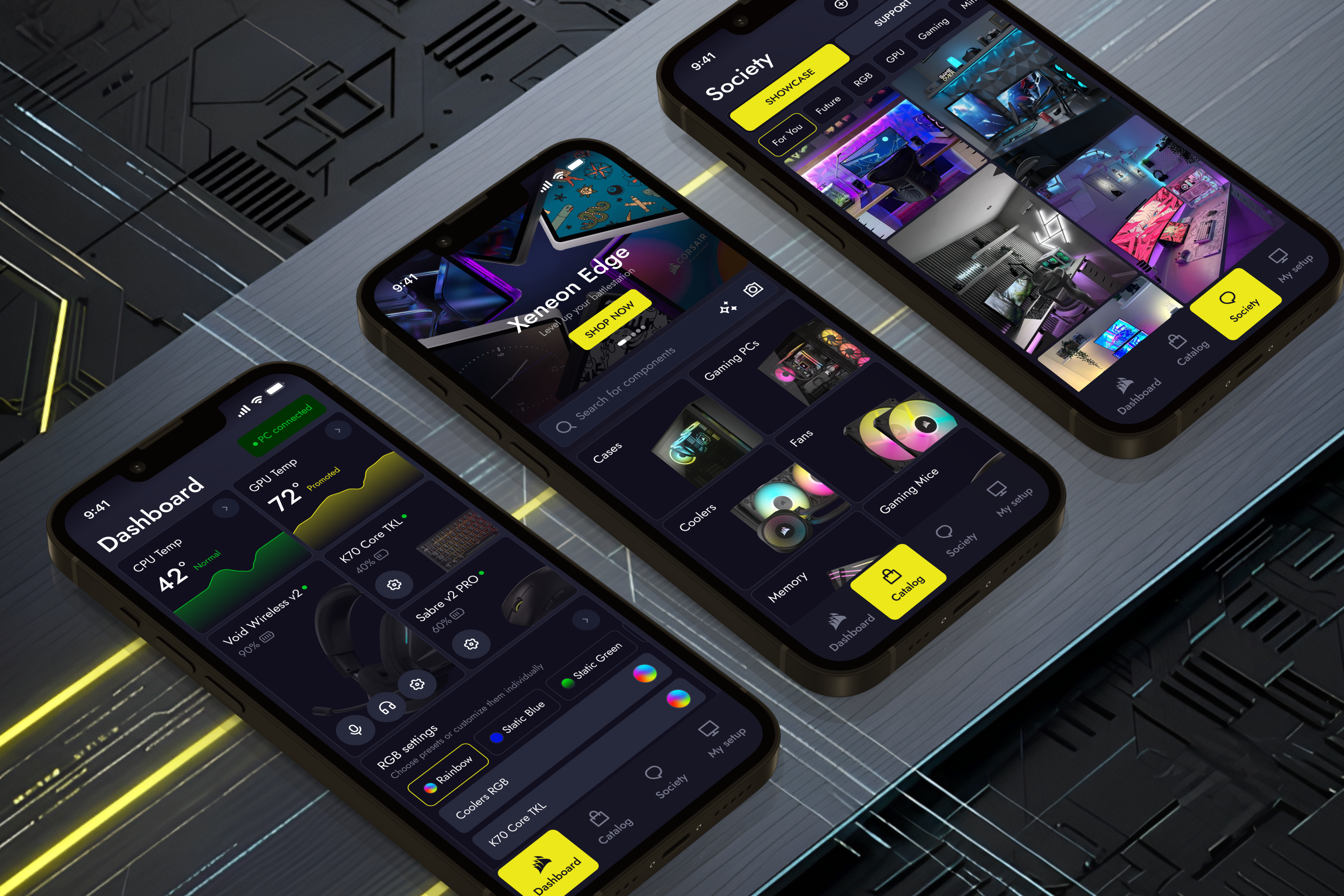 Corsair Ecosystem Concept — Mobile App appdesign catalog concept corsair cyberpunk dark interface darkmode dashboard ecosystem future gaming app industrialdesign minimalui mobile app neon rgbcontrol shop system monitoring tech design uiux