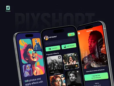 Pixshots Photo Editor App – Dark UI & AI Effects ai app ai editing app ai photo app creative app creative tool dark interphase dribble best shot editing app image generation minimal mobile app modern app netrosystems photo editor subscription app trending app ui ux visual design