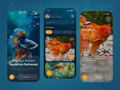 Aquarium Fish Shopping App – Mobile UI/UX Design app designer aquarium aquariumapp aquaticlife ecommerce ecommerce app fish app fish buying app fish store fish store app fish tank glassmorphism ios mobile mobile app online shop pet shop petcareapp shopping app uiux