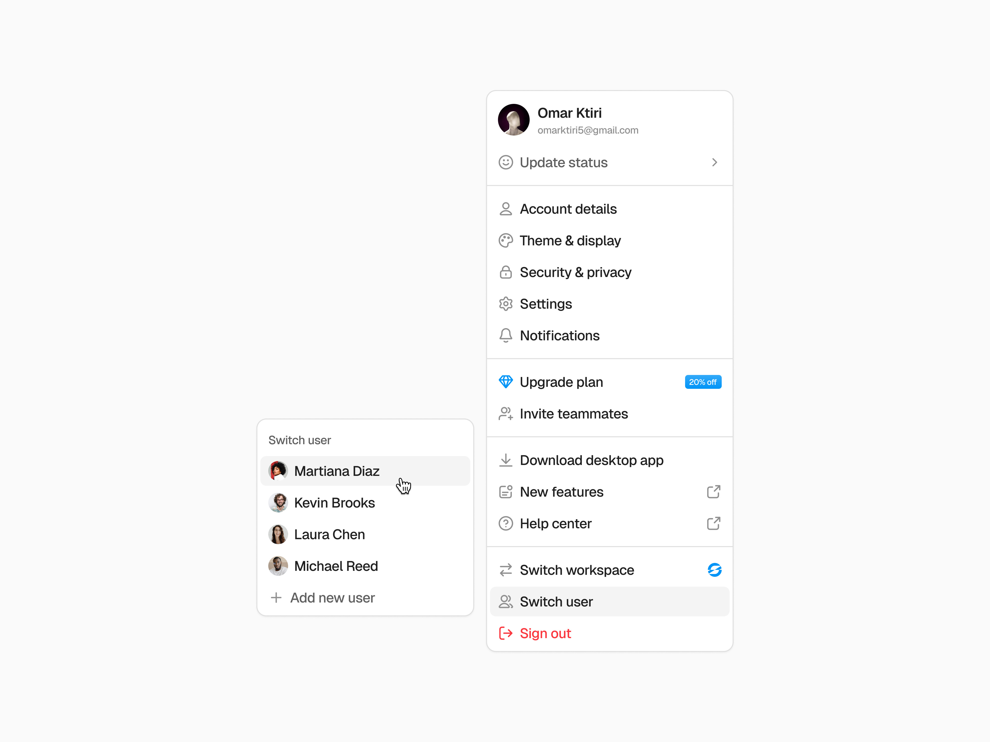 Switch user menu component figma product design saas software design switch account switch profile switch user ui design ui element user experience user interface ux design web app web design