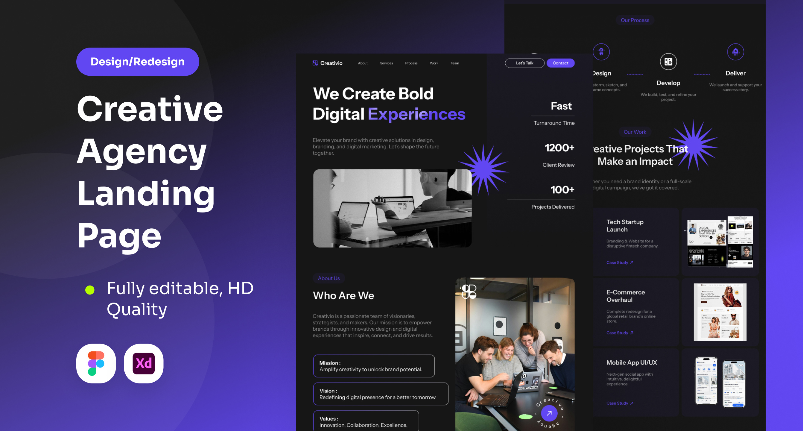 Creative Agency Landing Page Service adobexd agency branding busienss creative darkmode figma graphic design landingpage landingpagedesign marketing minimalist modern productdesign professional prototyping ui ux webdesign website
