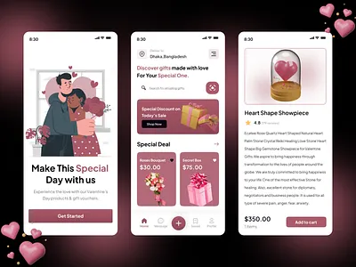 Valentine's Special Giftshop App💝 app design app ui couple portrait ecommerce gift box giftshop heart collage illustration ios app love mobile app mobile app design mobile ui relationship souvenir uiux valentine valentine day valentine special