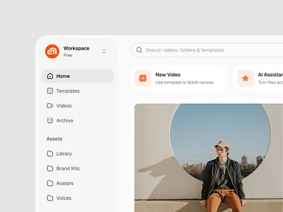 AI video app account ai banner clean dashboard folders interaction light links minimal navigation photo quick actions search sidebar ui ux video