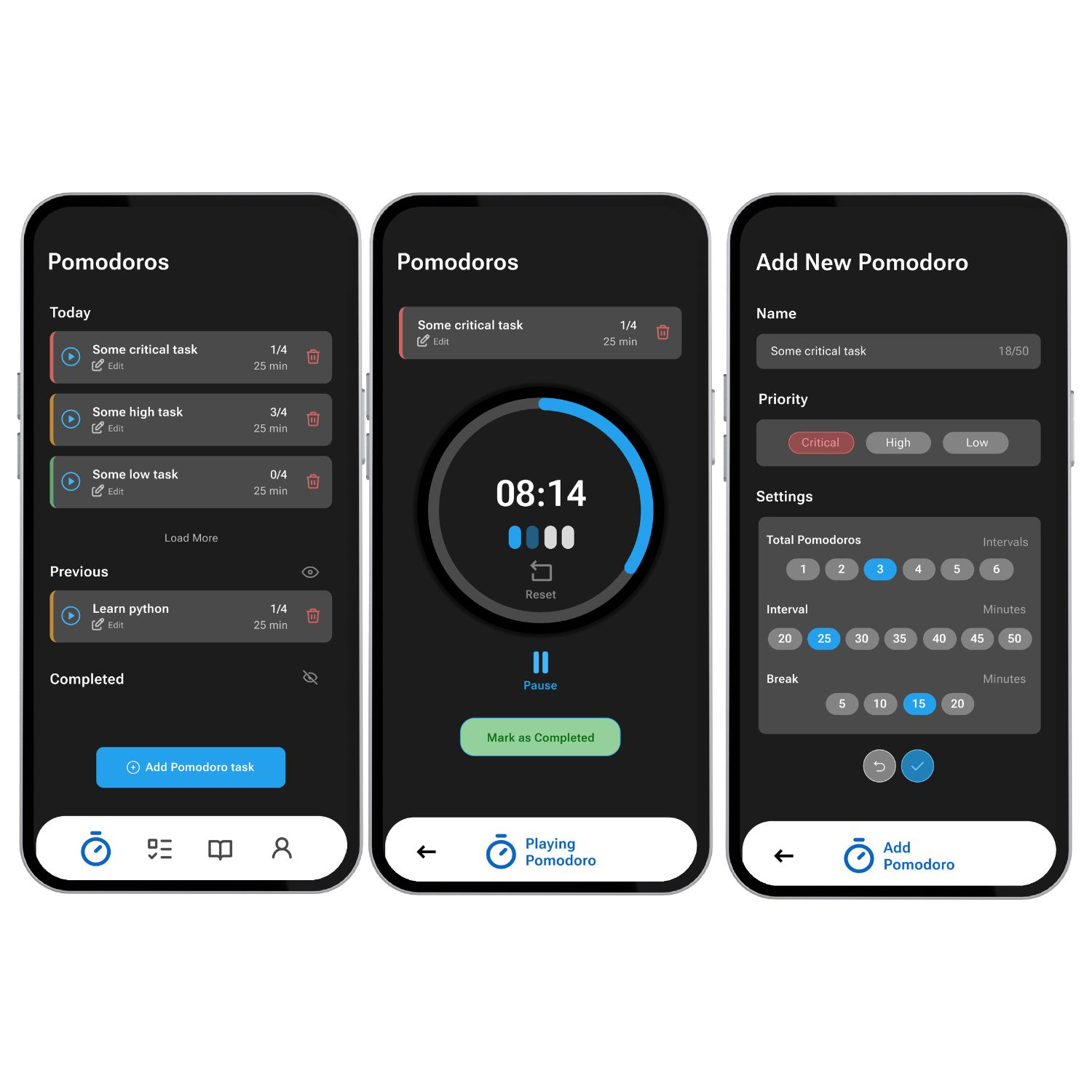 Pomodory – Minimal Pomodoro Task Manager App UI android appdesign darkui dashboard figma ios minimal mobileapp pomodoro productivity taskmanager timer ui ux