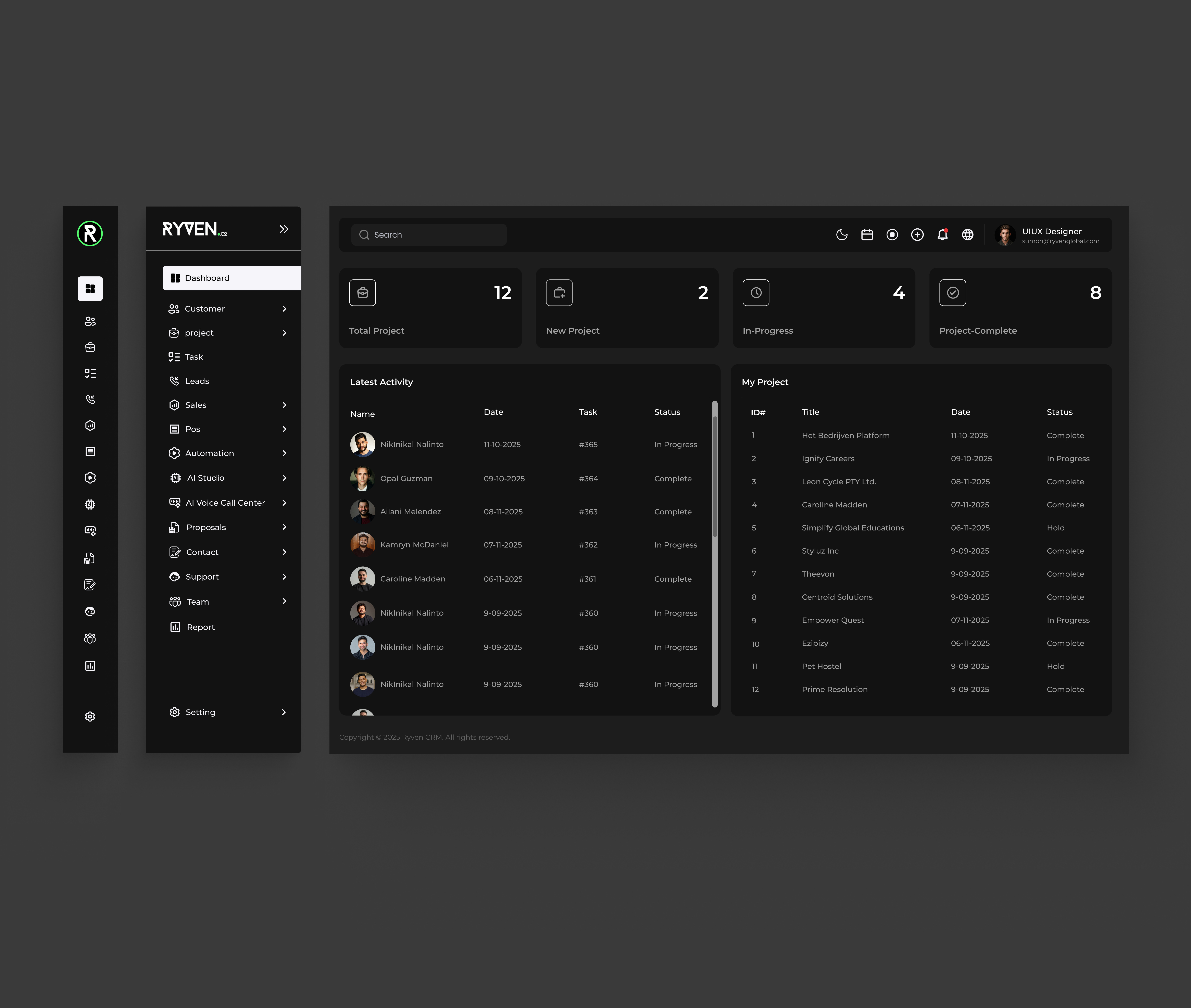 Ryven CRM — Dark Mode Project Dashboard UI cleanui crm darkmode darkui dashboarddesign datadashboard designinspiration designsystem dribbbleshot enterprisedesign minimaldashboard moderninterface productdesign projectmanagement saasdesign teammanagement uidesign userexperience uxdesign webappdesign