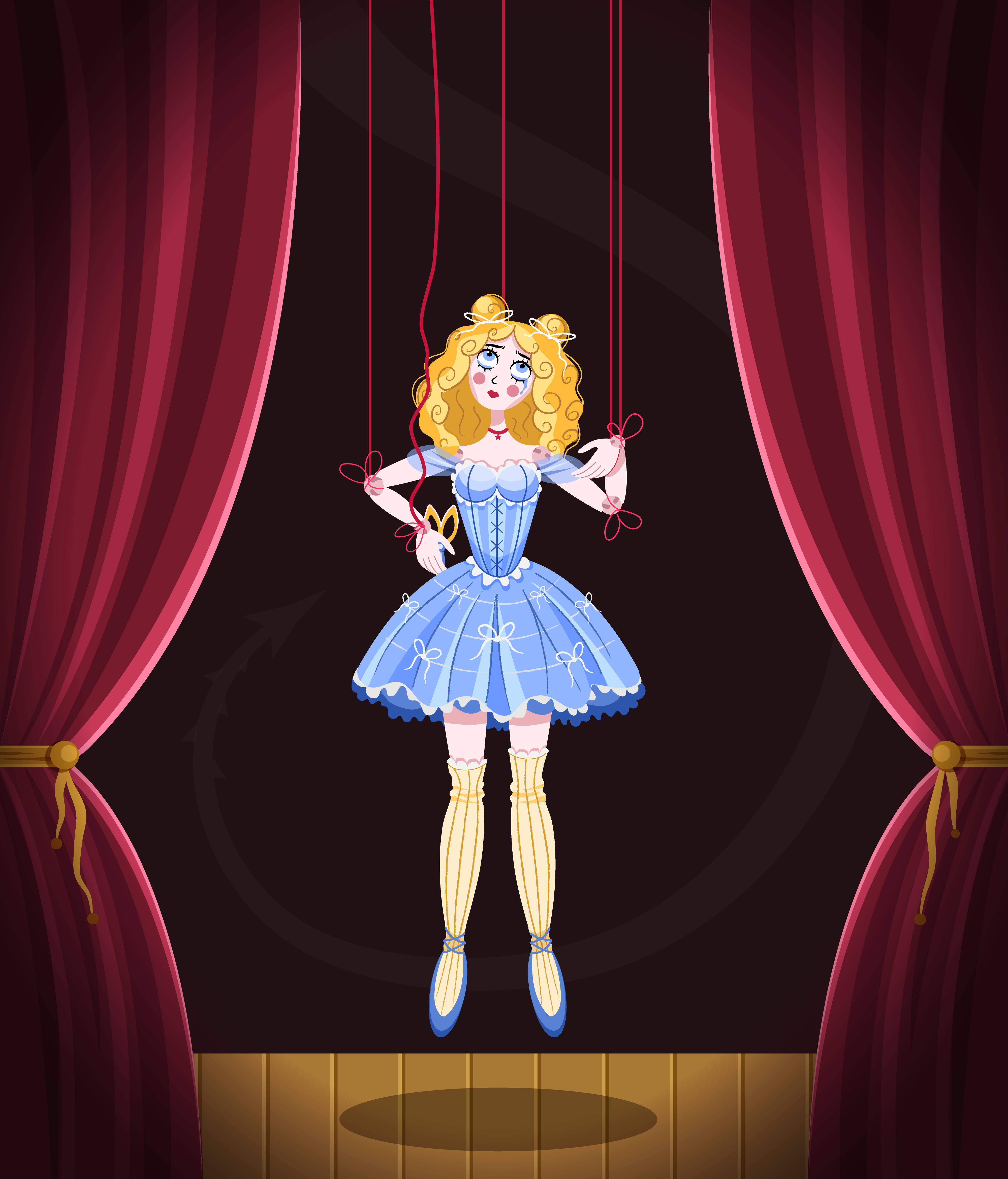 Doll Charlotte blondie blue character cord doll dress fear puppet puppetmaster red redcord scene scissors tears theatre