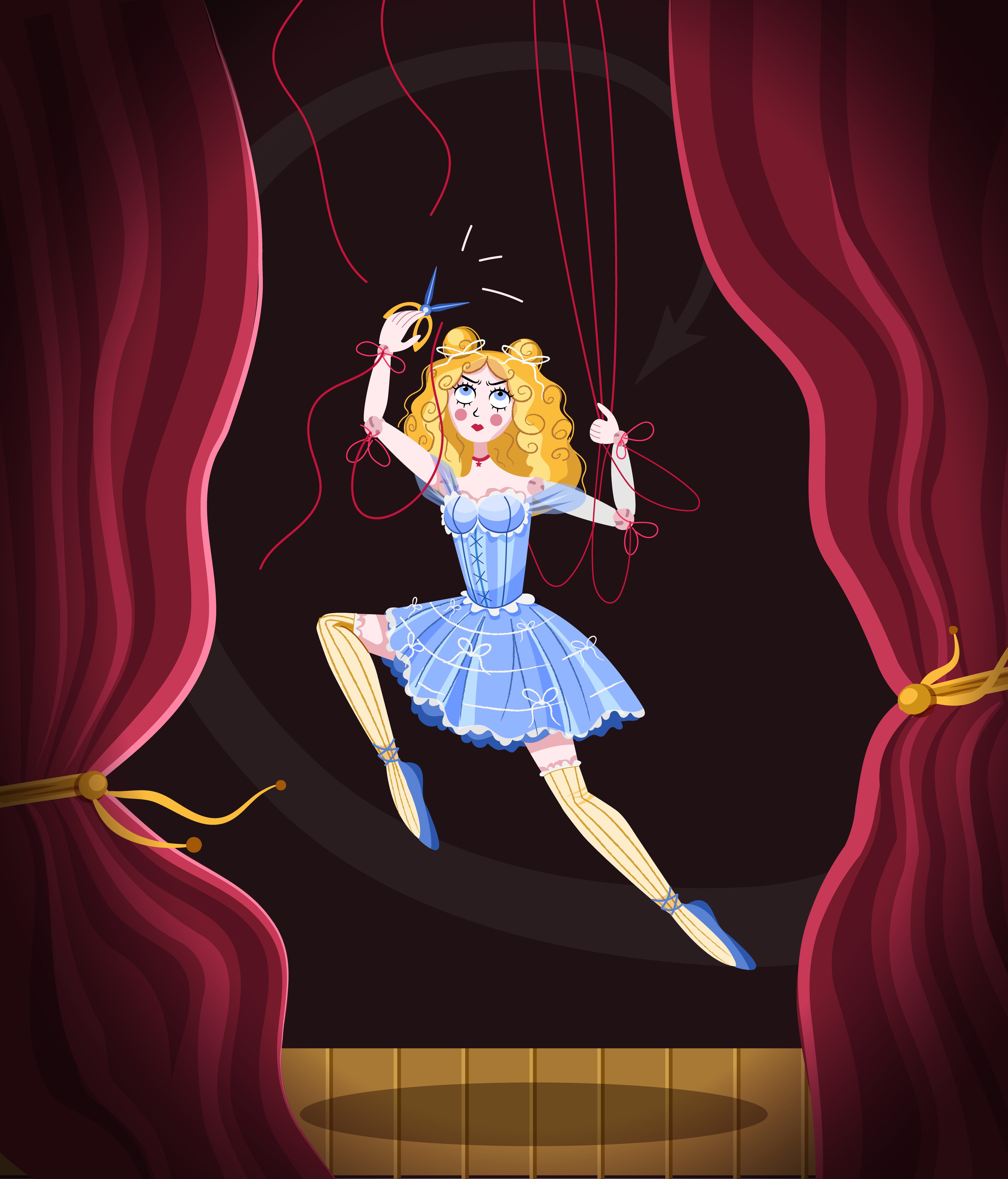 Getting freedom blondie blue character doll dress freedom illustration puppet puppetmaster redcord scene scissors