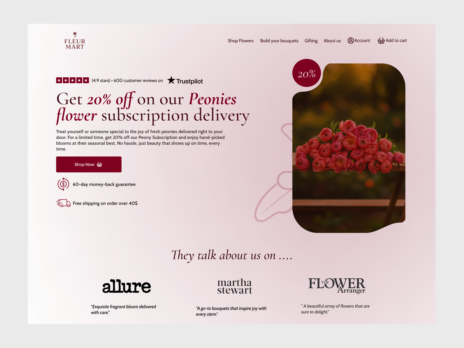 FleurMart – Luxury Floral E-Commerce Website Concept branddesign conversiondesign design dribbble ecommerce ecommerceuiux figma floral landingpage onlinestore productdesign ui uiux uxdesign webdesign