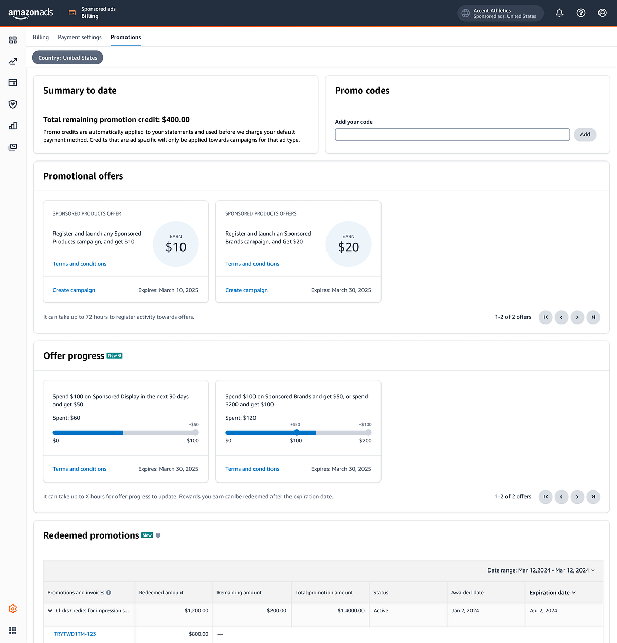 Promotions page UI screenshot