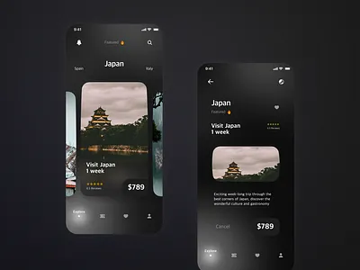 Dark mode Design for Vacation App branding dark mode dark mode experience design figma illustration mobile design user interface