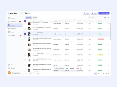 Product Management Dashboard admin panel clean dashboard design product management product table table ui ui design