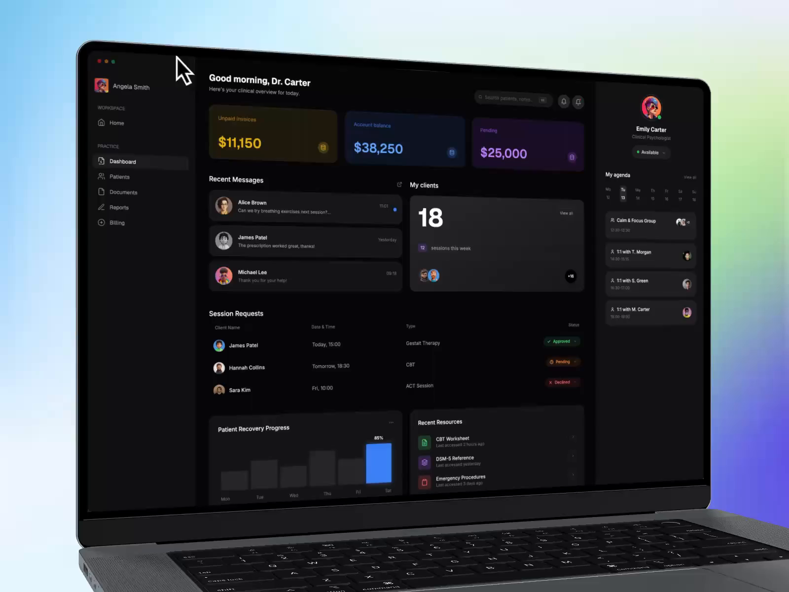 Example of Mental Health Dashboard UI – Clinical Practice Management System
