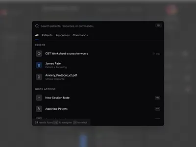 Universal Search & Quick Actions command k command palette ui dark mode ui healthcare product design healthcare search interface keyboard navigation design medical saas design mental health app ui modern web app ui productivity interface quick action search search modal search ui universal search ui ux ui design