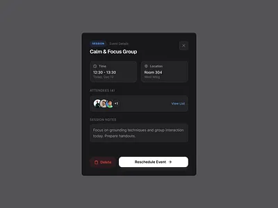 Session Details Modal UI – Event & Appointment Management Design appointment scheduling ui calendar details calendar event component design dark mode ui edit event even details event management interface healthcare saas design mental health app ui modal modal window design modern web app ui productivity app ui session details modal ui ux ui design
