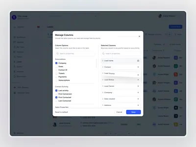 QuickSuite: Manage Columns modal Page agencymanagement allinoneplatform businesssoftware crmsoftware dashboarddesign designagency designportfolio digitalagencytool documenthub freelancedashboard freelancertool invoiceautomation leadmanagement productivityapp saasdesign servicebasedbusiness smallbusinesstech uiinspiration uxdesign workflowsolution