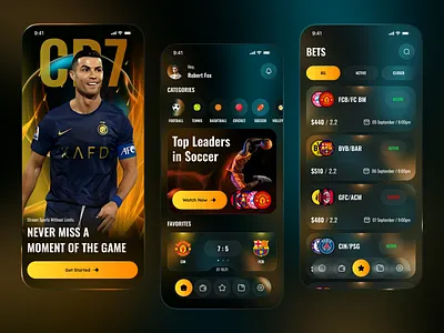 Sports Betting App — Live Matches, Odds & Leaders bet slip betting app football app gaming app ios app live score live sports match tracking mobile mobile designer mvp app designer odds ui scoreboard soccer app sport betting ui sports analytics sports app sports betting sports dashboard sports platform