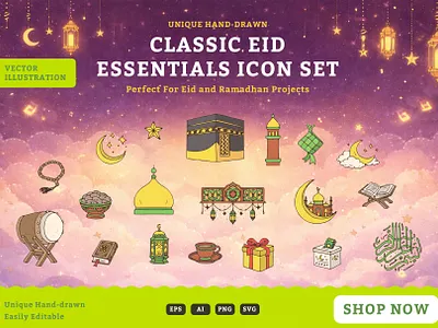 Classic Eid Essentials Icon Set – Hand Drawn Islamic Vector Pack branding bundle clipart design eid eid icons eid vector graphics handdrawn holiday icons illustration islamic islamic icons islamic illustration ramadan ramadan design set ui vector