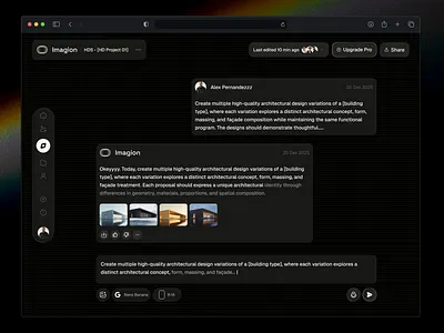 Imagion — AI Image Generator Canvas for Architectural Design ai image ai platform ai prompt architectural visualization concept exploration creative ai creative workflow dark ui design system design tool editorial layout image generation image generator saas dashboard ui design ux design