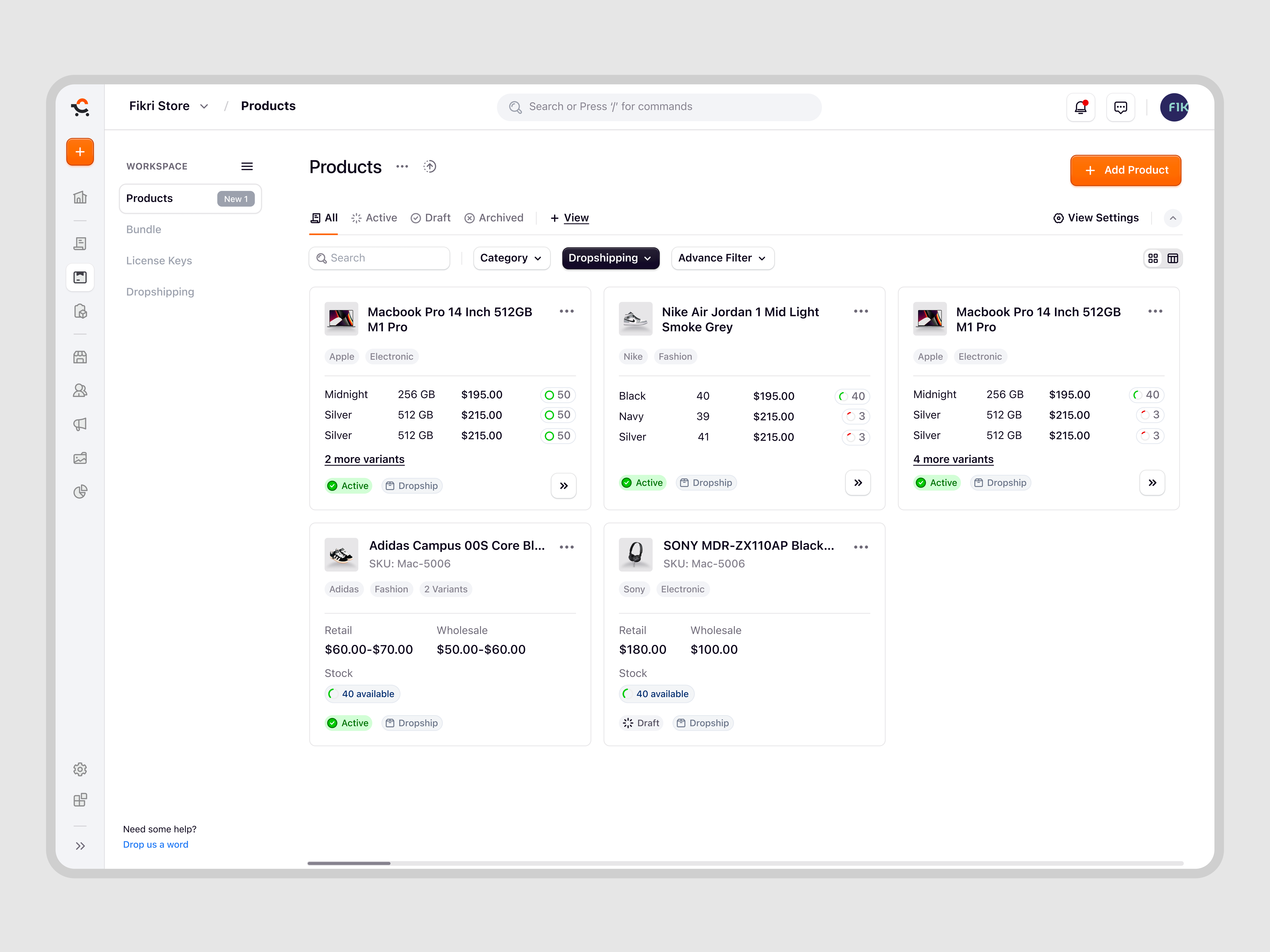 Example of Ecomiq — Product Listing Dashboard for SaaS E-commerce