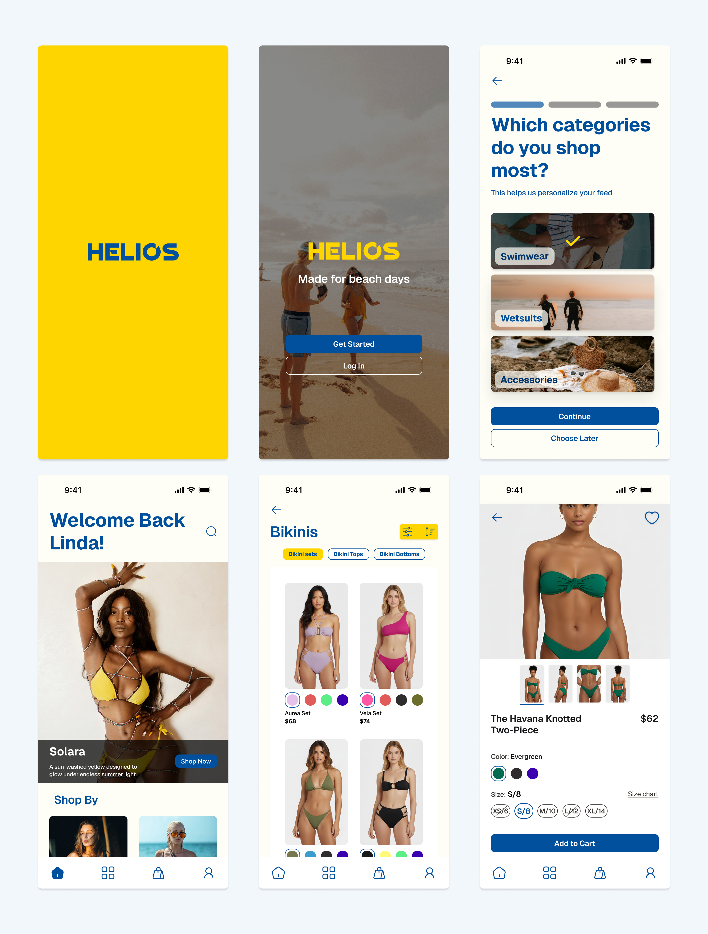 Helios — Swimwear eCommerce App branding ecommerce mobile app design onboarding ui