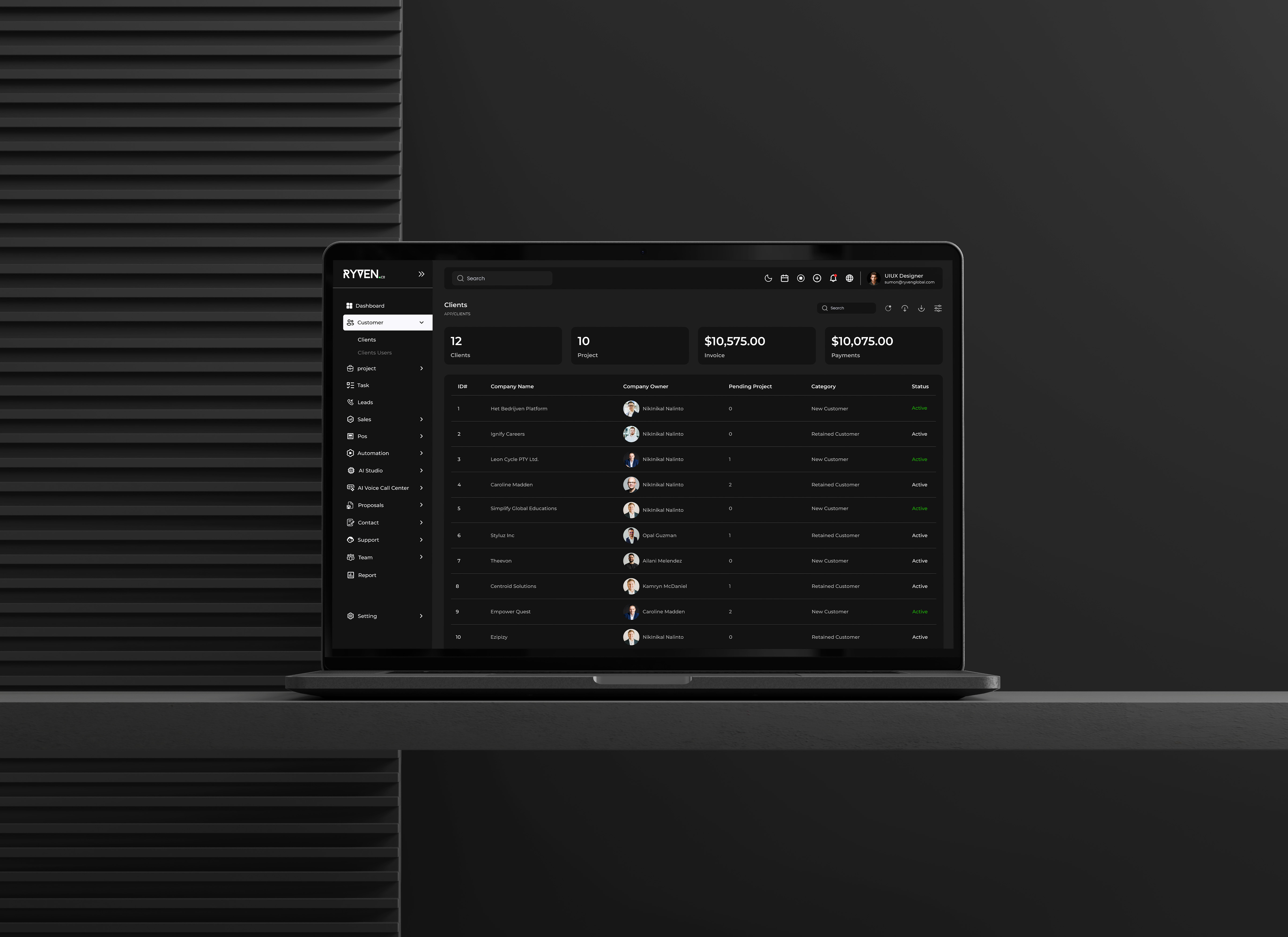 Ryven CRM Client Management — Dark UI analyticsui appdesign businessdashboard clientmanagement crm darkmode darkmodeui dashboarddesign designsystem enterpriseux productdesign saas saasdesign uidesign uxdesign uxuidesigner webappdesign
