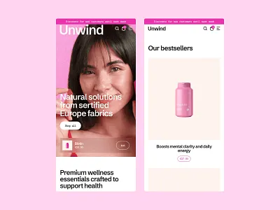 Mobile homepage for Unwind eCommerce store branding cleanui conversion design ecommerce framer graphic design homepage landingpage logo minimalist modern productdesign responsive shopify template ui ux webdesign