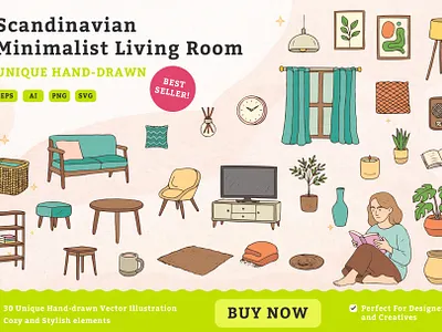 Scandinavian Minimalist Living Room Vector Illustration Set branding creative decor flatdesign handdrawn home home decor illustration interior interior illustration living room livingroom minimalist nordic nordic interior scandinavian scandinavian vector ui vector webdesign