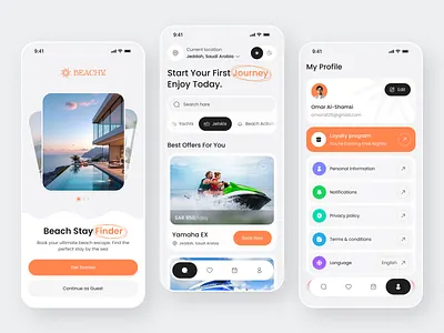 Beachy App UI – Beach Stay, Yachts & Jetski Booking beach app beach stay booking app ios app ios app designer jetski jetski booking minimal design mobile mobile app modern ui mvp app mvp app design tourism travel app vacation app water activities yacht yacht booking