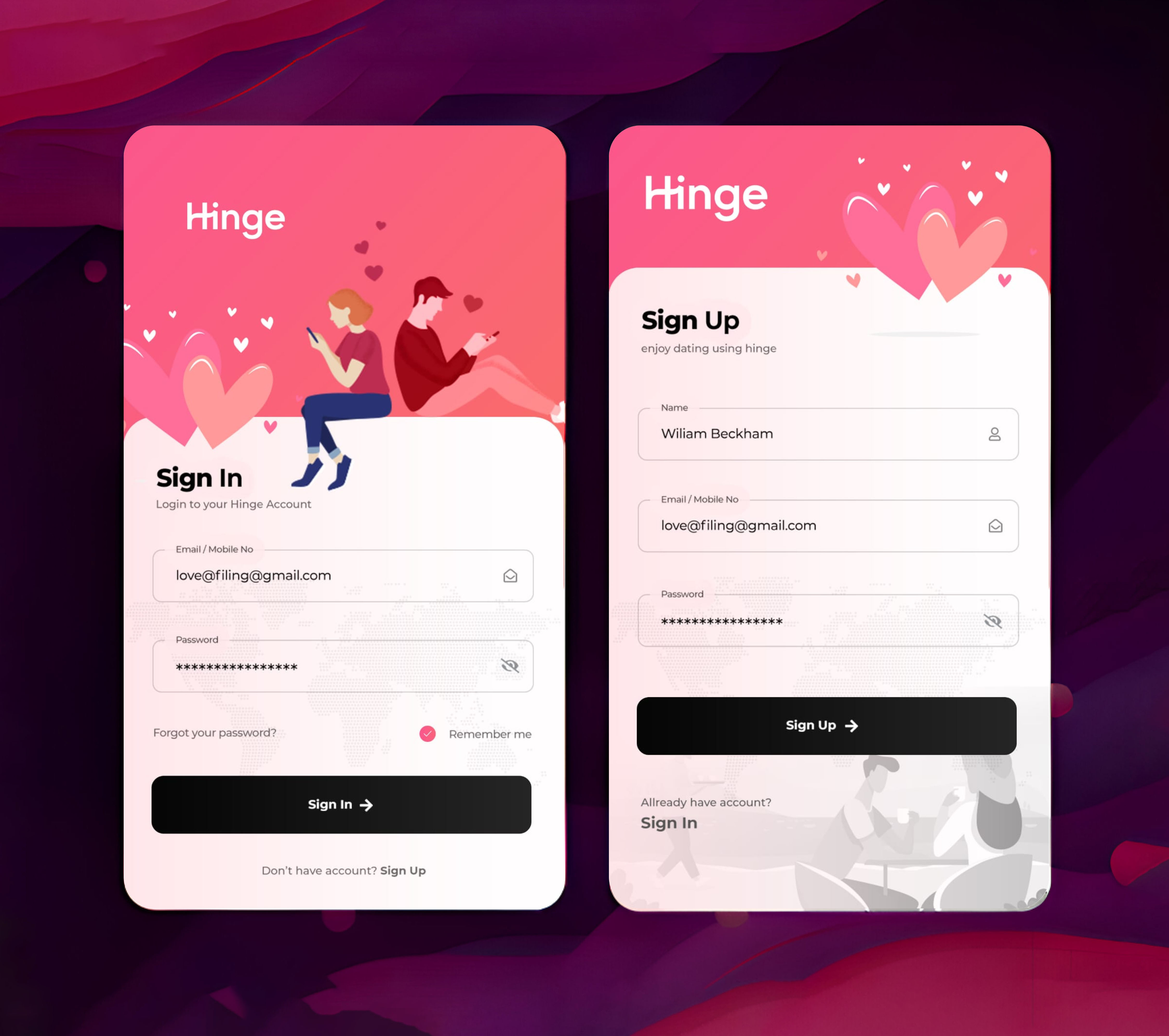 Modern Dating App UI Design | Login & Register UI/UX app design for dating platforms app interface creative mobile design creativedesign dating app ui design datingappdesign hinge app hinge app ui concept minimalist design mobile app user interface modern dating app ui pink color app design sign in screen ui sign up screen design signin screen signup screen ui design for apps ui inspiration user friendly sign in design