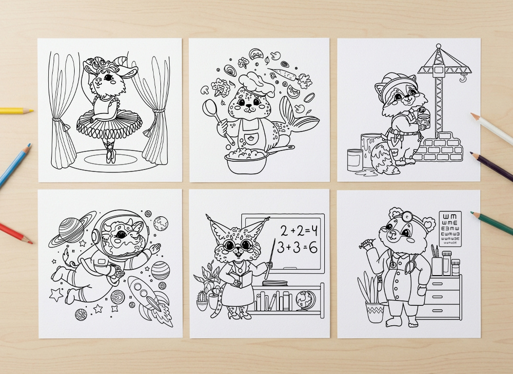 Children's coloring pages with animals about professions art childrens illustration childrens leisure coloring book coloring page contour digital art digital illustration for children illustration illustrator line outline professions work