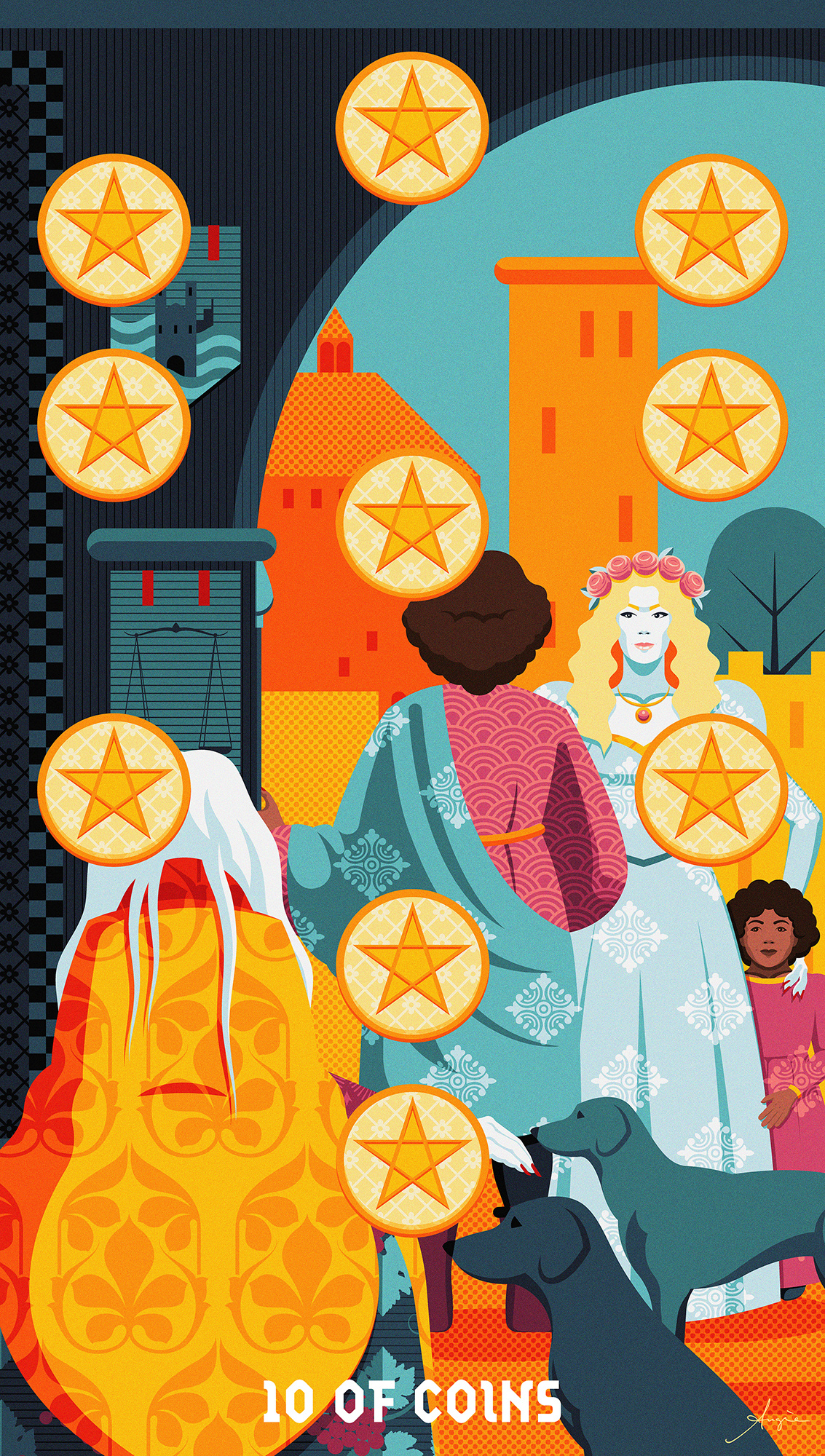 10 of Coins, Tarot Card 10 of coins adobe illustrator blue cards coins contrast daily art deck flat design generations illustration orange pentacles tarot vector vector illustration women yellow