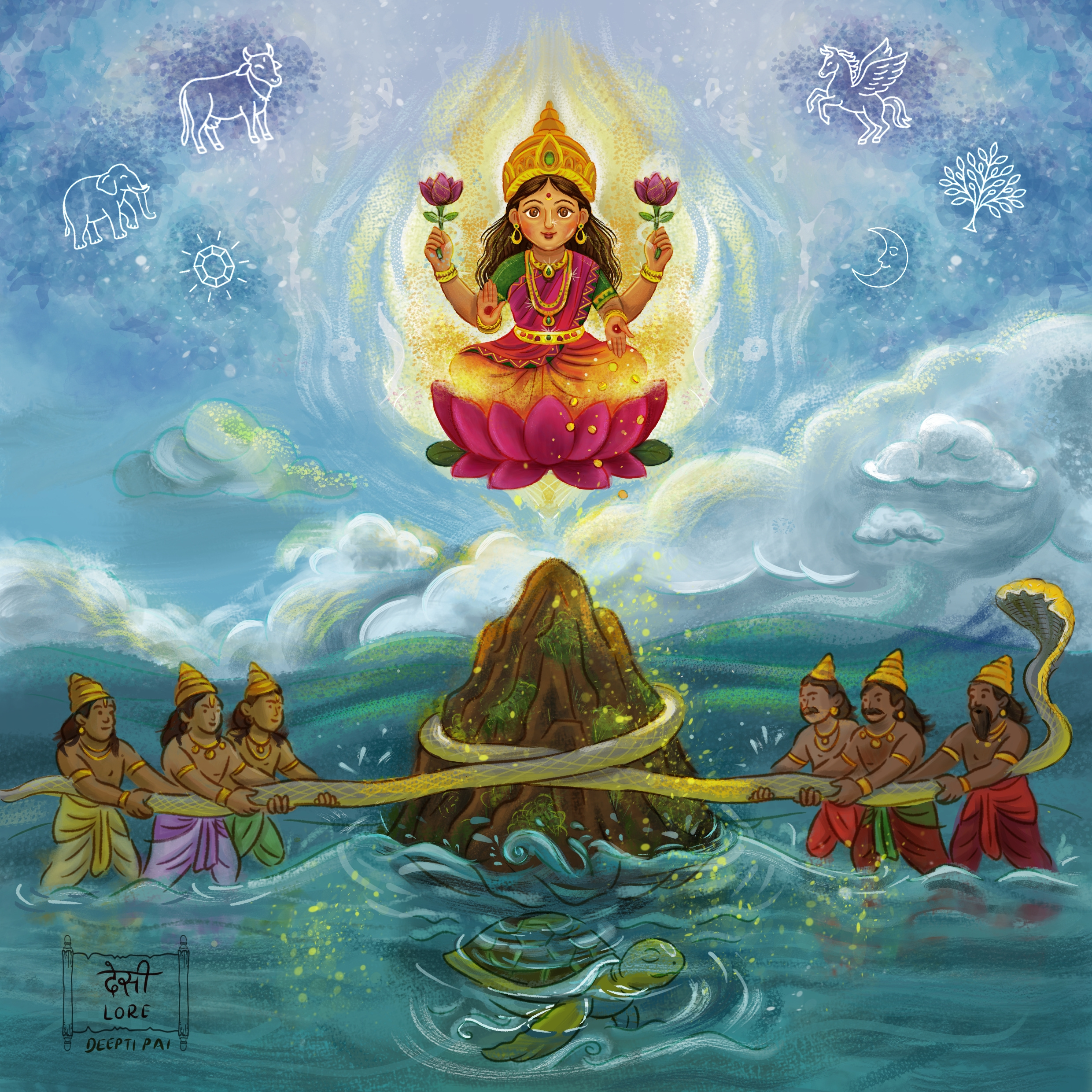 Samudra manthan - Desi Lore - Echoes of Ancient Tales design inspiration design milk digital illustration graphic design handdrawn illustration indian mythology krita storytelling wacom intuous