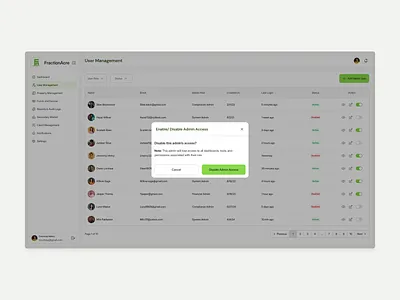 Enable - Disable Admin Access UI | FractionAcre accesscontrol adminpanel branding confirmationmodal dashboardui fintechui fractionacre illustration internaltools productdesign proptech saasdesign securityux uidesign userexperience usermanagement uxdesign webappdesign