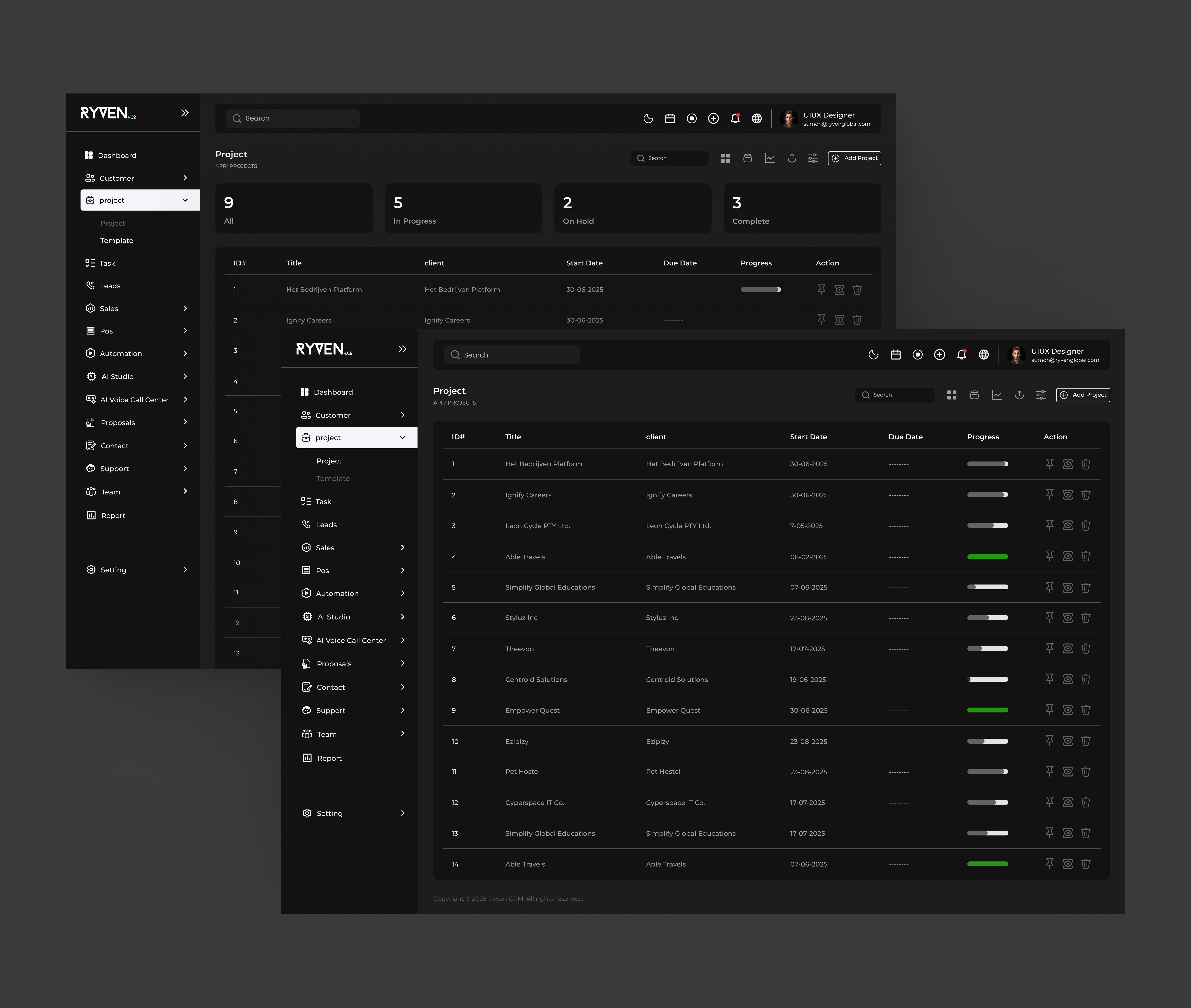 Ryven — Client & Project Management Web App admindashboard businessdashboard crmdesign darkmodeui dashboardui dribbbleshot enterpriseui minimalui productdesign projectdashboard projectmanagement saasdesign saasplatform startupdesign taskmanagement uxuidesign webappdesign webappui