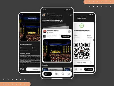 Event Booking App - Seamless Ticket Flow appdesign application cleanui design eventbooking figma minimal mobileapp ticket darkmode ui ui design uiux ux