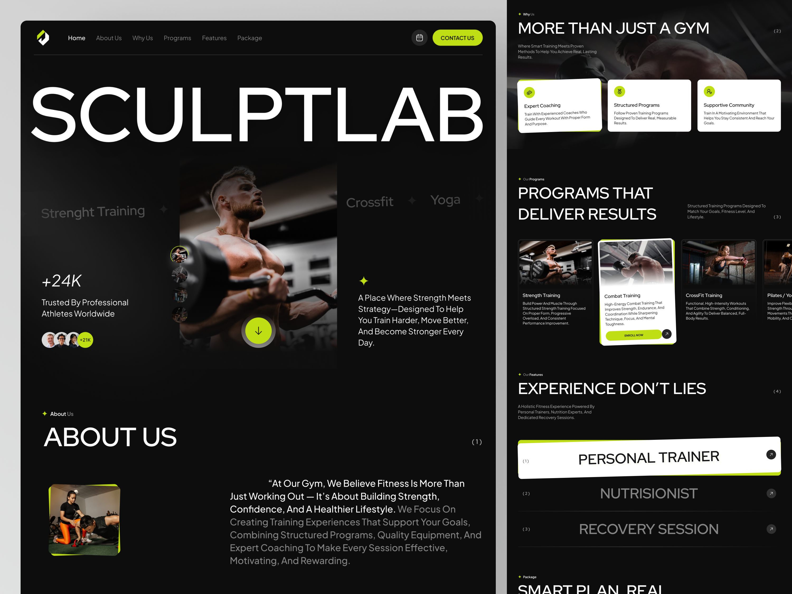 SculptLAB - Gym & Fitness Website bold typography combat crossfit dark ui fitness gym high contrast landing page modern design personal trainer pilates strenght training ui design ui ux ux design web design web ui website workout yoga