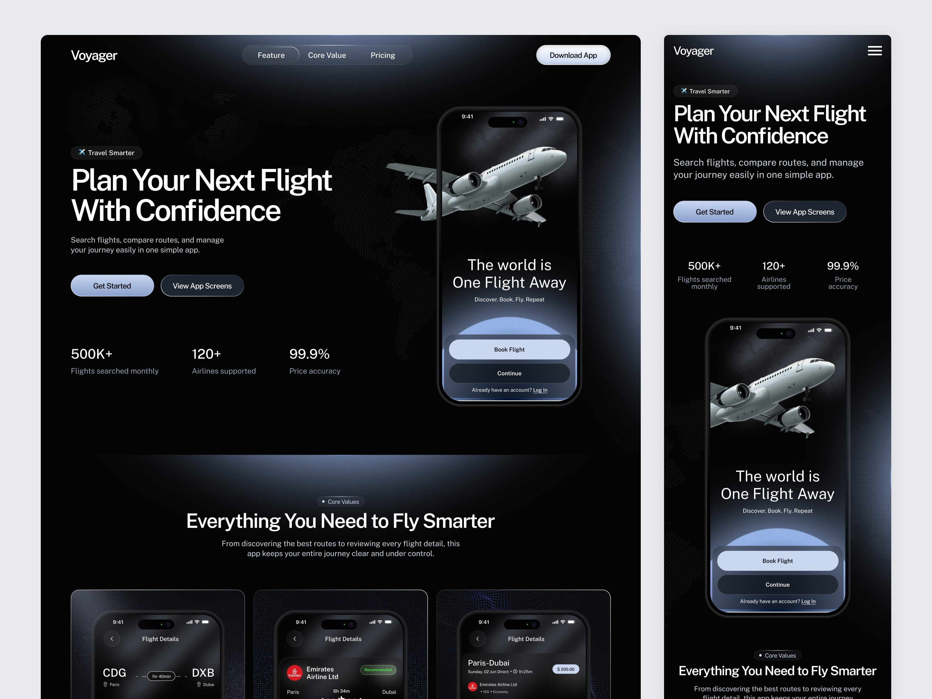 Mobile App Landing Page air ticket air ticket booking app showcase booking app dark mode flight booking app landing page mobile app landing page modern design product design saas landing page saas website ticket booking app travel app design uiux web design website